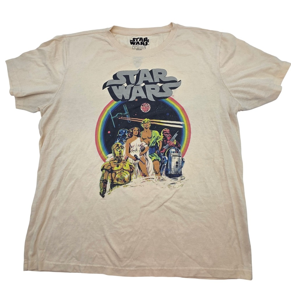 Star Wars Graphic T-Shirt Mens XL Beige Retro Rainbow Character Print